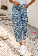 Sky blue Dainty Floral Print Seam Detail Drawstring Barrel Jeans