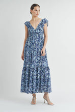 Blue Ruffle Tiered V-neck Maxi Dress