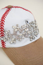 White Tan Baseball Themed Floral Vine Glitz Cap, Adjustable: