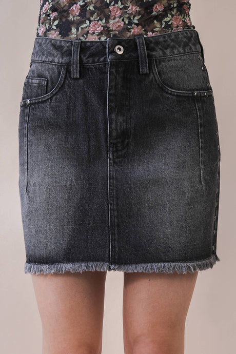Black Side Stud Detail Washed Denim Mini Skirt