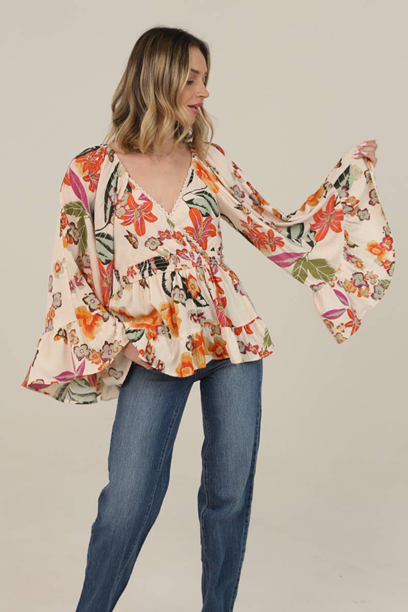 Ivory V Neck Wide Bell Sleeve Floral Top