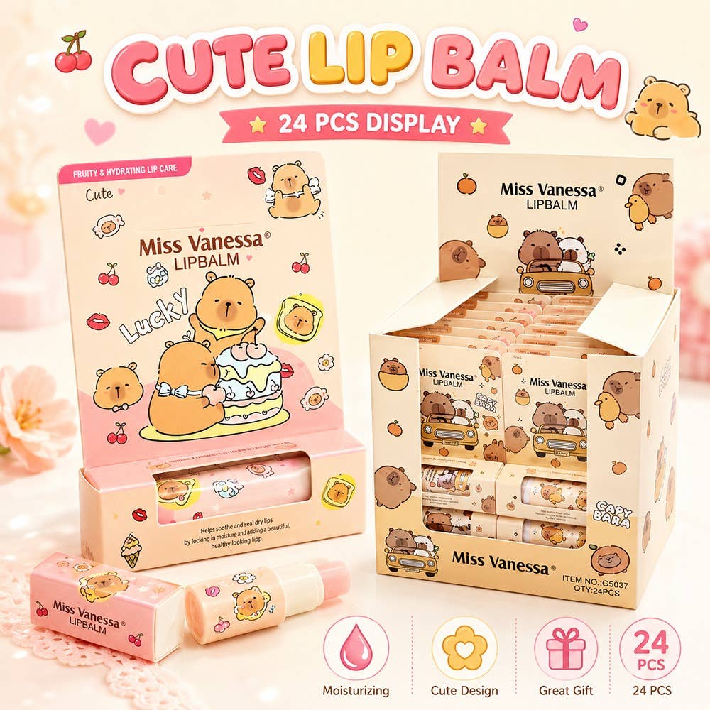 24pk Capybara Lip Balm Display Box Cute Animal Packaging Gift Shop Beauty Item