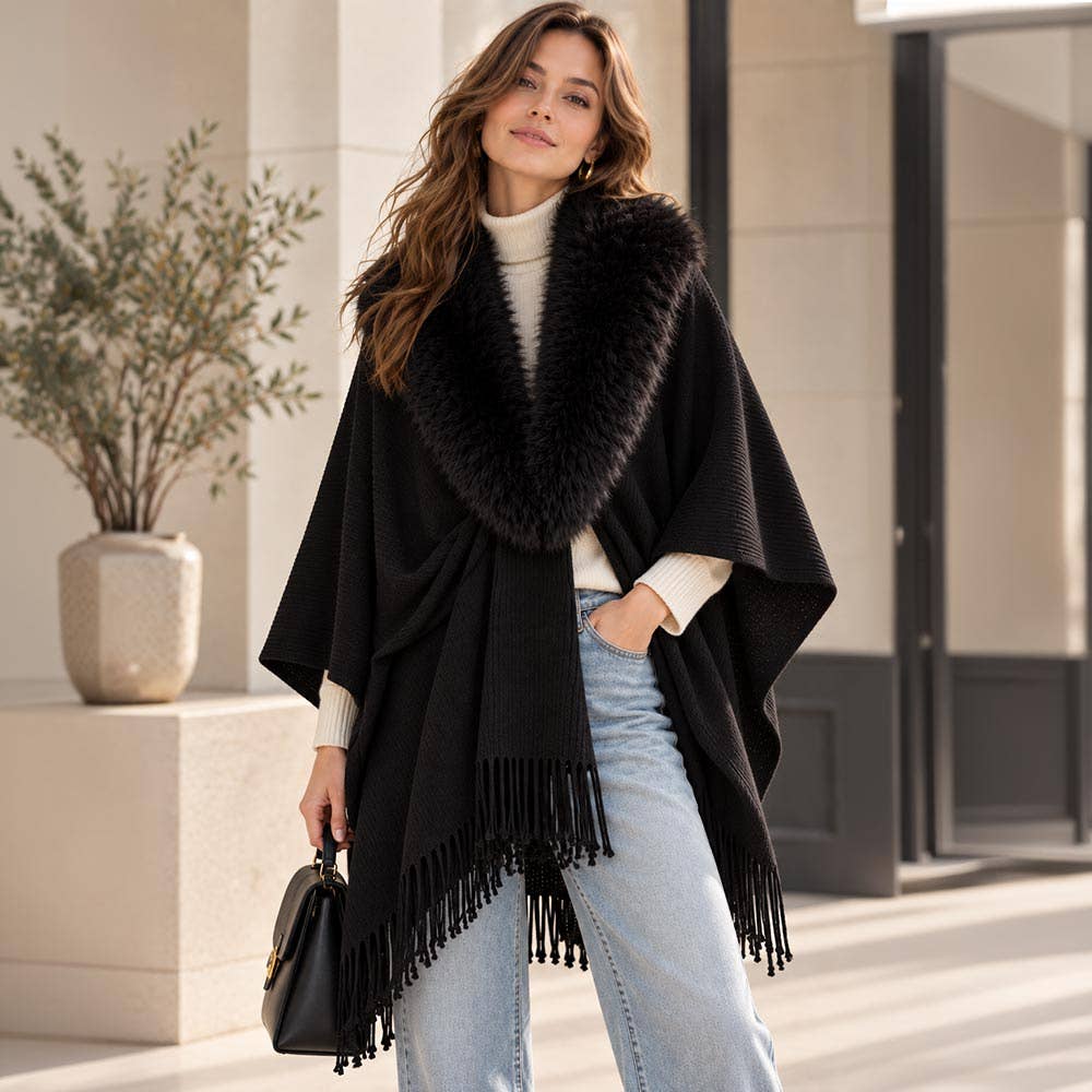Black Faux Fur Collar Trim Fringe Shawl Poncho