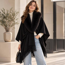 Ivory Faux Fur Collar Trim Fringe Shawl Poncho