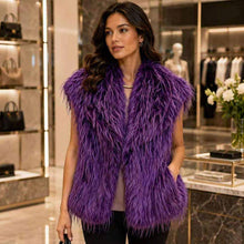 Brown Shaggy Plush Faux Fur Open Front Front Collar Winter Vest