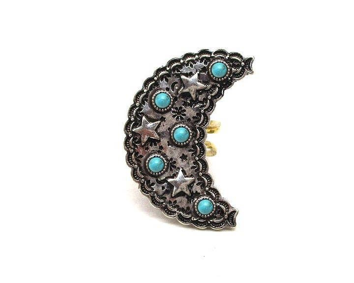 Turquoise Western Moon and Star Cuff Ring
