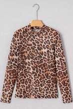Brown Leopard Mesh Mock Neck Long Sleeve Top