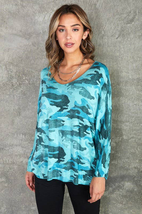 Turquoise Camo Long Sleeve V Neck Venti Top