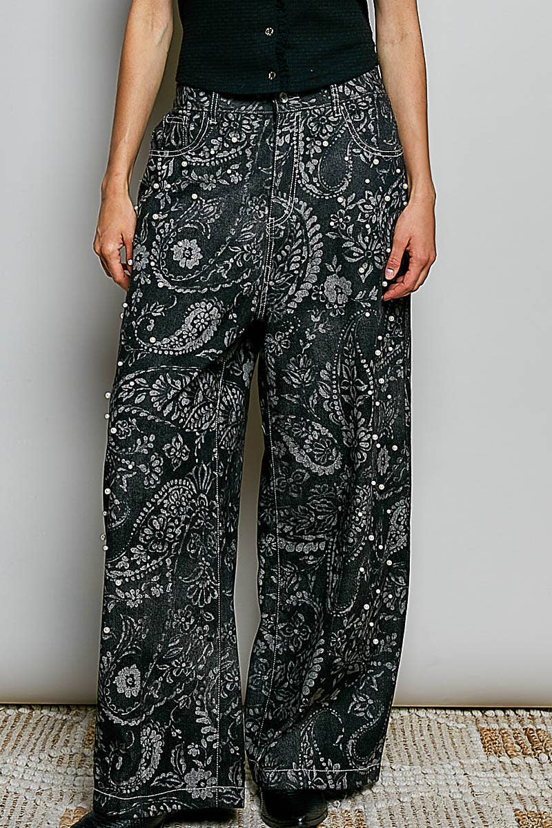 Vintage Washed Printed Twill Wide-Leg Woven Pants: BLACK PAISLEY