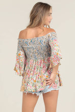 Twin Godet Smocked Off Shoulder Bell Sleeve Top