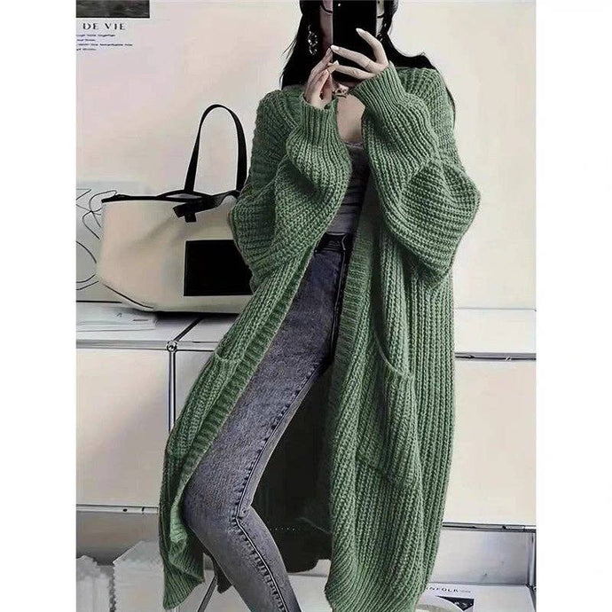 Army Green Thick Mid-Length Loose Knit Sweater Coat