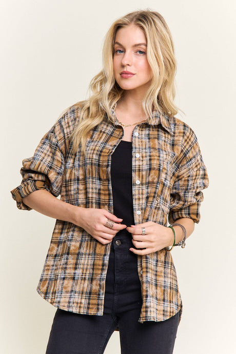 Mocha Burnout Plaid Washed-Look Shirt
