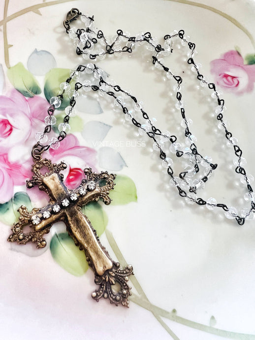 Brass Patina Filigree Rhinestone Cross Necklace Clear Beads