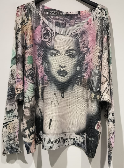 Gray Face V-Neck Knit Printed Sweater