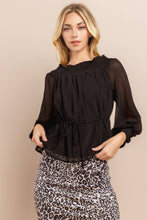 Black Smocked Neck Sheer Sleeve Blouse Top