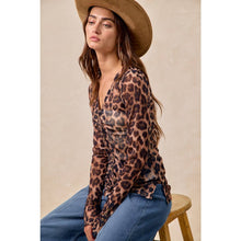 Leopard Button Up V Neck Mesh Top