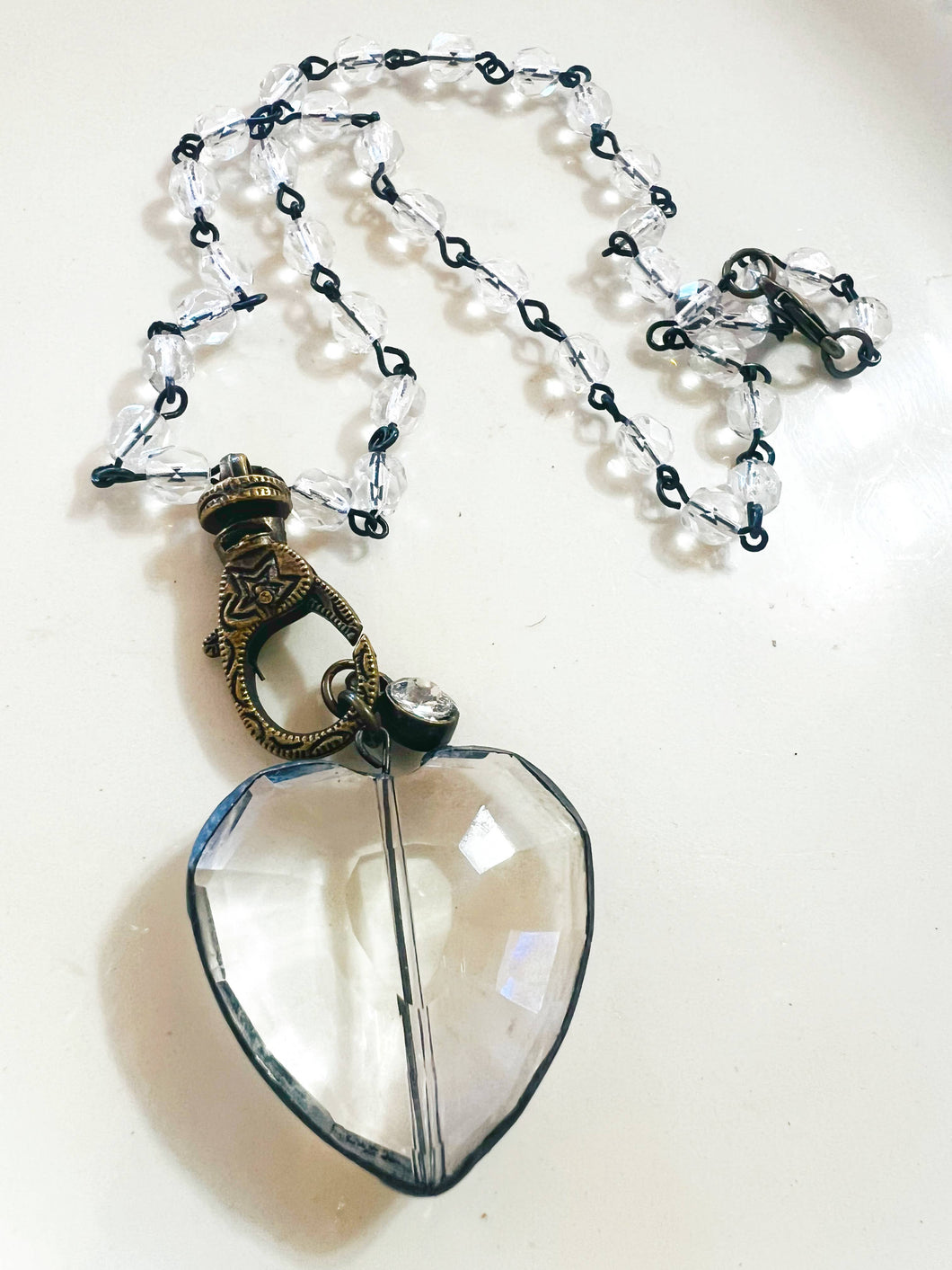 Soldered Glass Heart Clear Crystal Beaded Chain Necklace