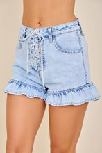 Light Denim Lace-Up Ruffle Denim Shorts