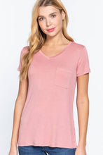 Burgundy Short Sleeve V-neck Top with Pocket