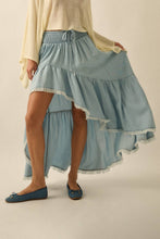 Light Chambray Tencel Denim High-Low Tiered Ruffle Maxi Skirt