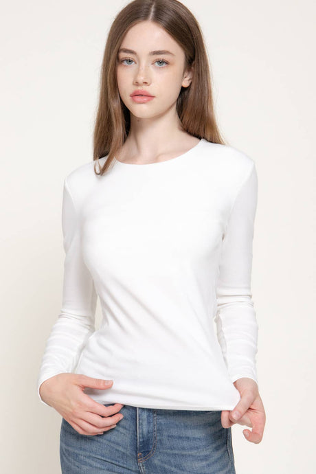 Ivory Long Sleeve Round Neck Rib Knit Top