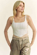 Nude Davi Dani BEAD AND PEARL EMBELLISHED LONG SLEEVES MESH TOP