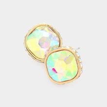 Graphite Rhinestone Trimmed Square Stone Evening Stud Earrings