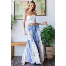 Denim Lace Insert Ruffle Flare Wide Leg Oli+Hali Pants