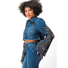 Denim Blue Acid Washed Flare Embroidered Jacket