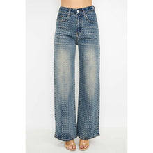 Med Denim Rhinestone High Waisted Stretch Wide Leg Denim Pants