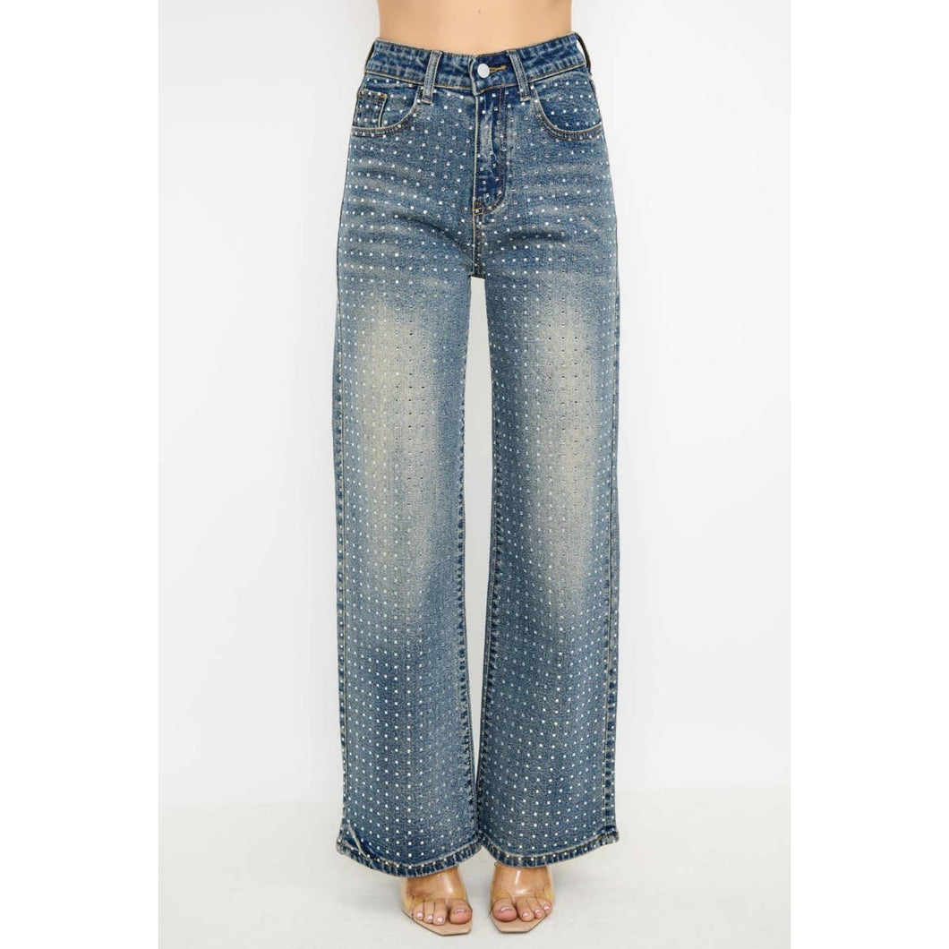 Med Denim Rhinestone High Waisted Stretch Wide Leg Denim Pants