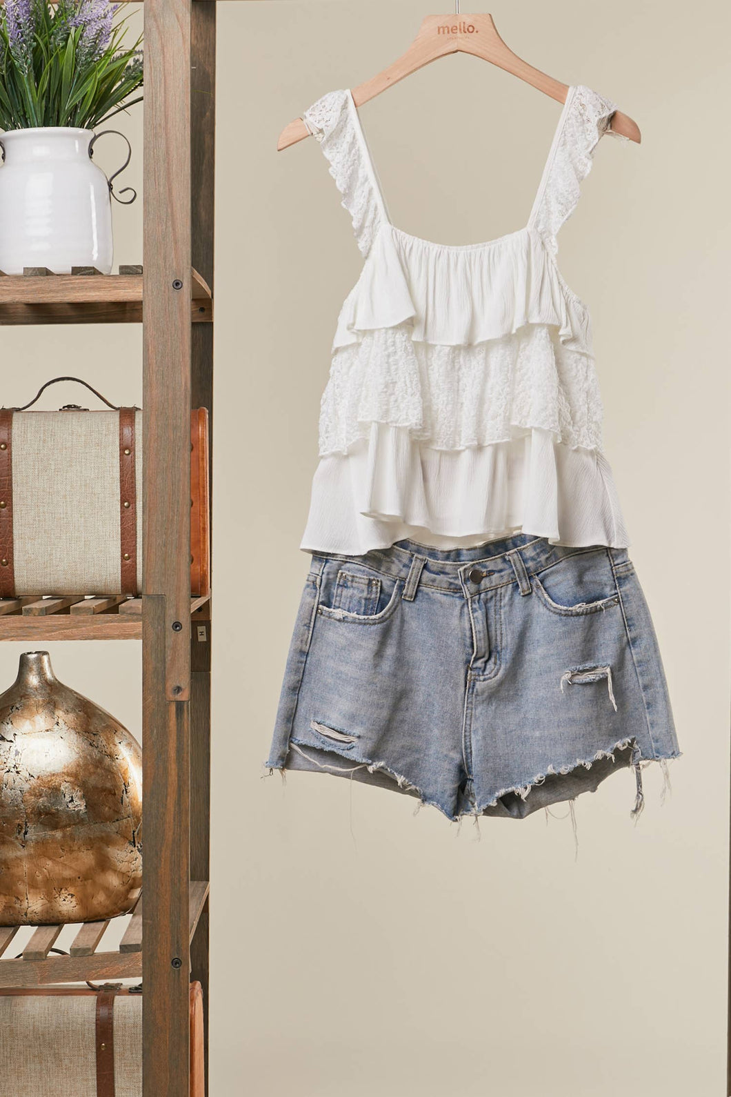 Off White Lace Tiered Crop Mello Top with Lace Straps