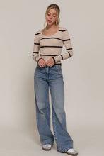 Beige Brown Long Sleeve Double Scoop Neck Stripe Sweater Top