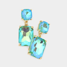 Blue Square Rectangle Glass Stone Link Dangle Evening Earrings