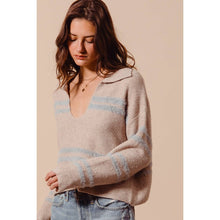 FUZZY HAIRY STRIPE DEEP U NECK SWEATER TOP: IVORY/BLACK / L