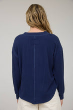 Navy Washed Ribbed Long Sleeve Henley Knit Top