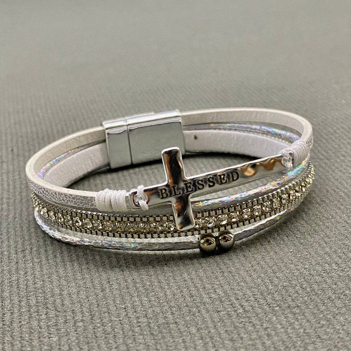 White Blessed Cross Rhinestone Multi-layer Leather Bracelet
