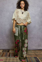 Olive Drawstring floral patch denim POL pants