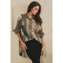 Charcoal Washed Button Up Patchwork Mix Long Sleeve Oli+Hali Shirt