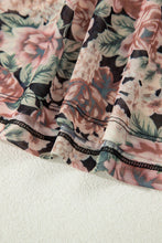 Brown Retro Floral Print Mesh Mock Neck Top