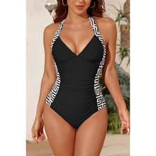 Black Printed Halter Deep V Neck Bodycon Swimsuit: