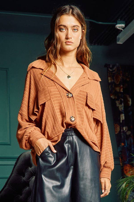 Brown Soft Solid Rib Knit Cropped Bucketlist Shacket: