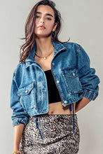 Blue Utility Cropped Drawstring Hem Stand Collar Denim Urban Daizy Jacket