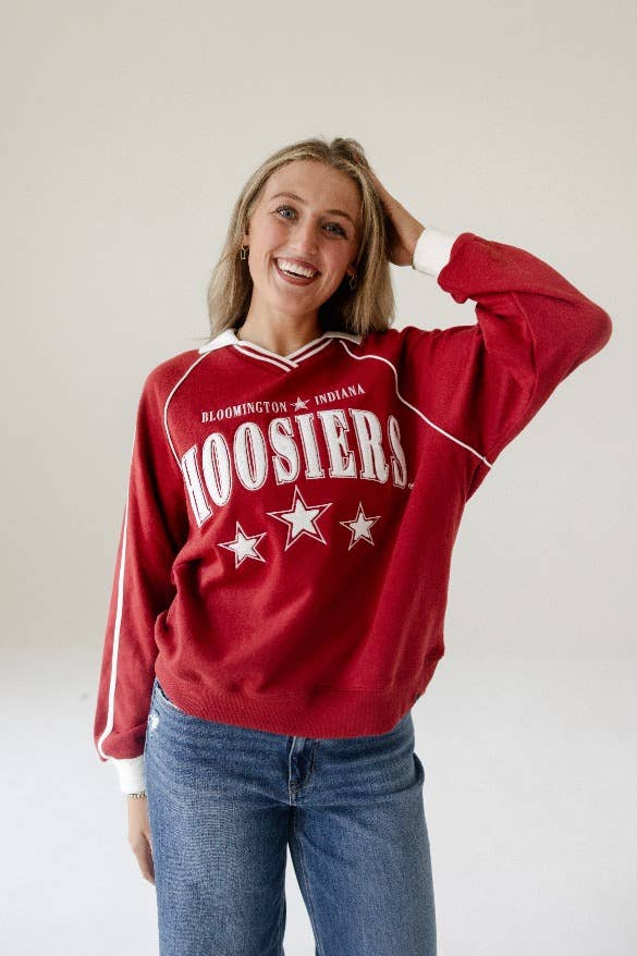 Crimson White Indiana Sunday Slate Striped Collar Fleece Crewneck