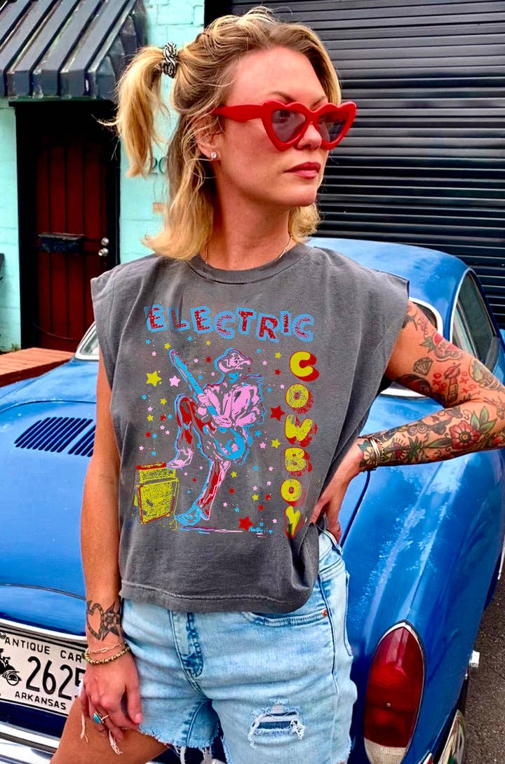 Faded Black Electric Cowboy Midriff boxy Muscle crop top