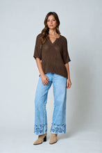 Chocolate Brown Split Neck Short Sleeve Sheer Crochet Knit Top