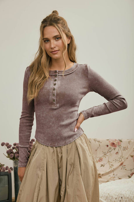 Cocoa Washed Long Sleeve Ribbed Henley Knit Top