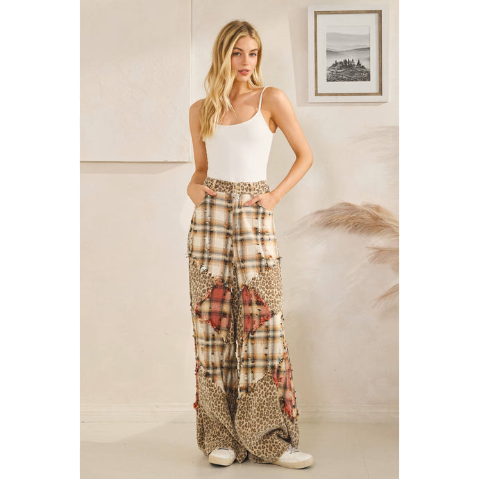 Cream Washed Plaid Leopard Oli+Hali Pants