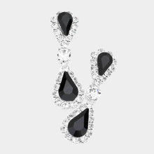 Saphire Silver Double Teardrop Accented Rhinestone Trimmed Dangle Evening Earrings