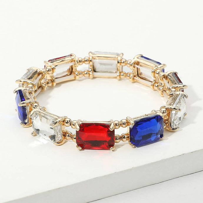 Blue Red White Emerald Cut Stone Stretch Evening Bracelet